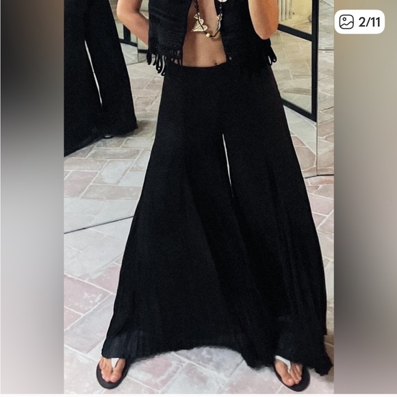 Zara wrinkle satin effect high waist super wide leg black pants sz.XS - Picture 2 of 15